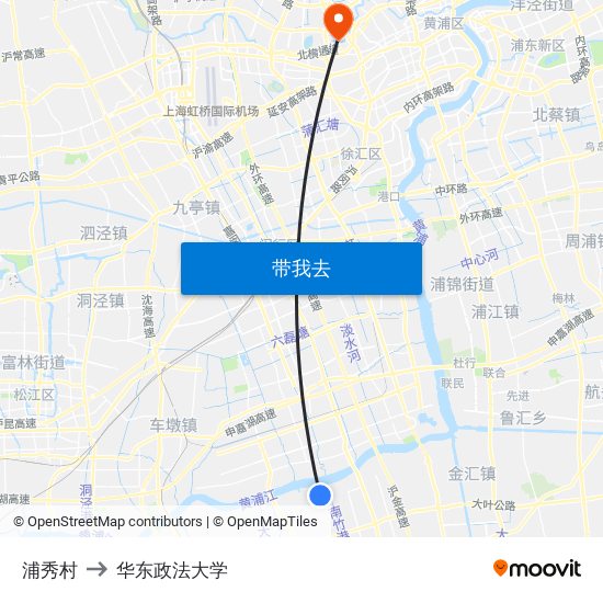 浦秀村 to 华东政法大学 map