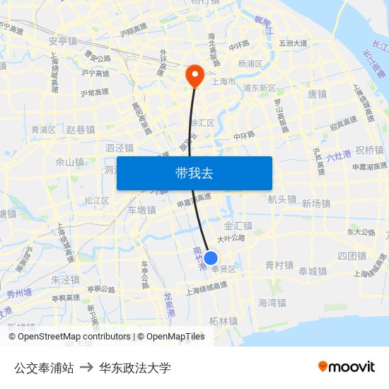 公交奉浦站 to 华东政法大学 map