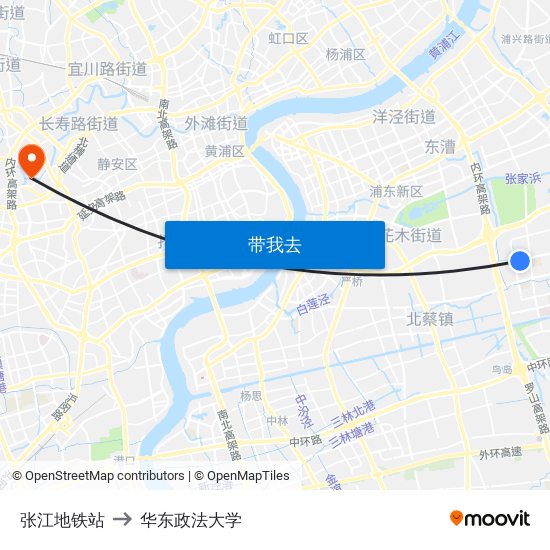 张江地铁站 to 华东政法大学 map