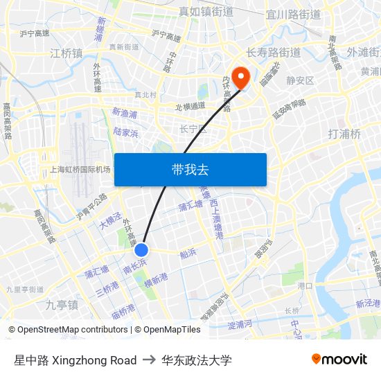 星中路 Xingzhong Road to 华东政法大学 map