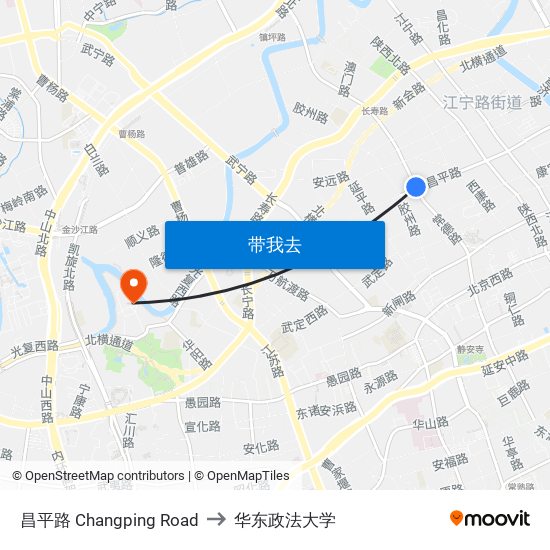 昌平路 Changping Road to 华东政法大学 map