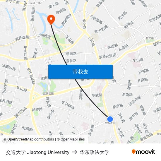 交通大学 Jiaotong University to 华东政法大学 map