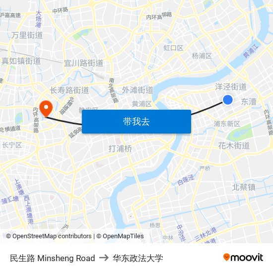 民生路 Minsheng Road to 华东政法大学 map