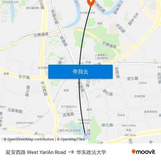 延安西路 West Yan'An Road to 华东政法大学 map