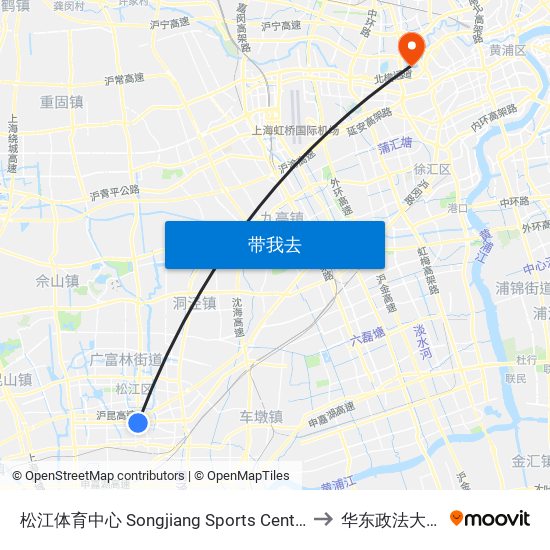 松江体育中心 Songjiang Sports Center to 华东政法大学 map