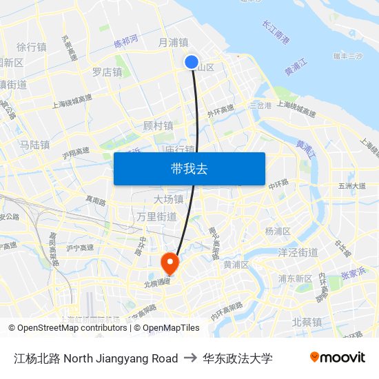 江杨北路 North Jiangyang Road to 华东政法大学 map