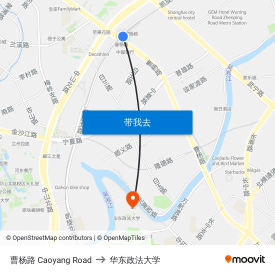 曹杨路 Caoyang Road to 华东政法大学 map
