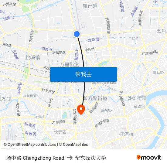 场中路 Changzhong Road to 华东政法大学 map