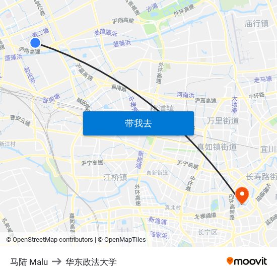 马陆 Malu to 华东政法大学 map