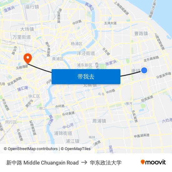 新中路 Middle Chuangxin Road to 华东政法大学 map