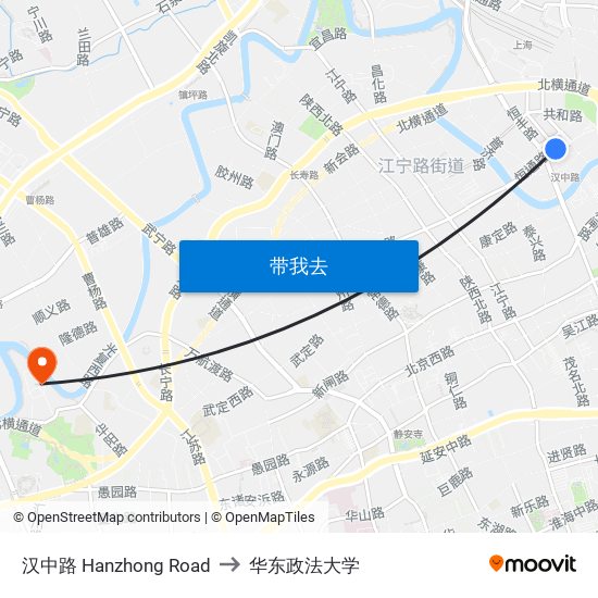 汉中路 Hanzhong Road to 华东政法大学 map