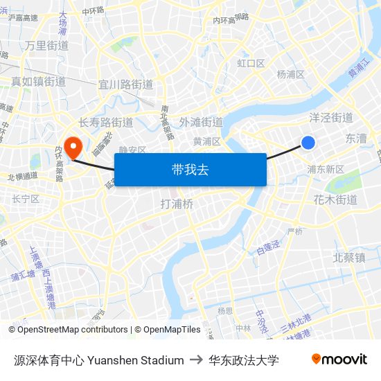 源深体育中心 Yuanshen Stadium to 华东政法大学 map