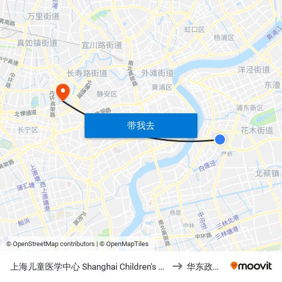 上海儿童医学中心 Shanghai Children's Medical Center to 华东政法大学 map