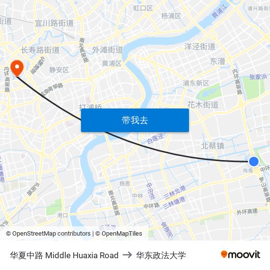华夏中路 Middle Huaxia Road to 华东政法大学 map