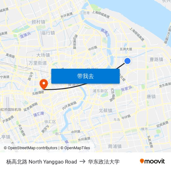 杨高北路 North Yanggao Road to 华东政法大学 map