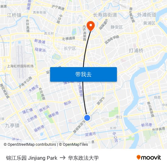 锦江乐园 Jinjiang Park to 华东政法大学 map