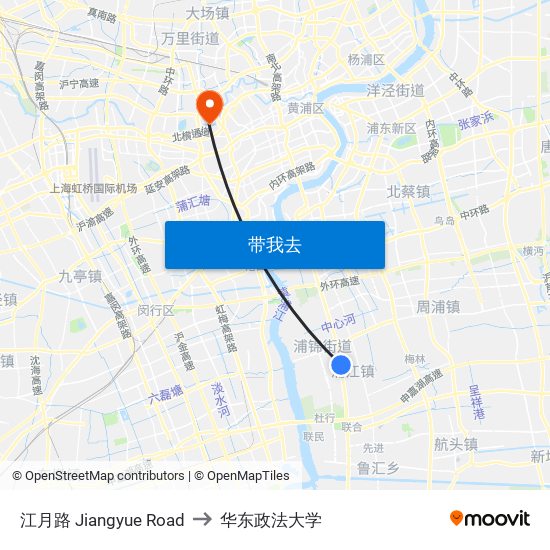 江月路 Jiangyue Road to 华东政法大学 map