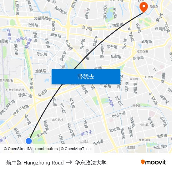 航中路 Hangzhong Road to 华东政法大学 map