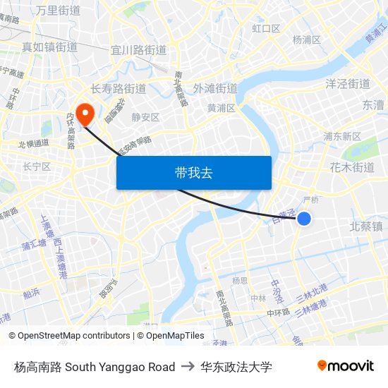 杨高南路 South Yanggao Road to 华东政法大学 map