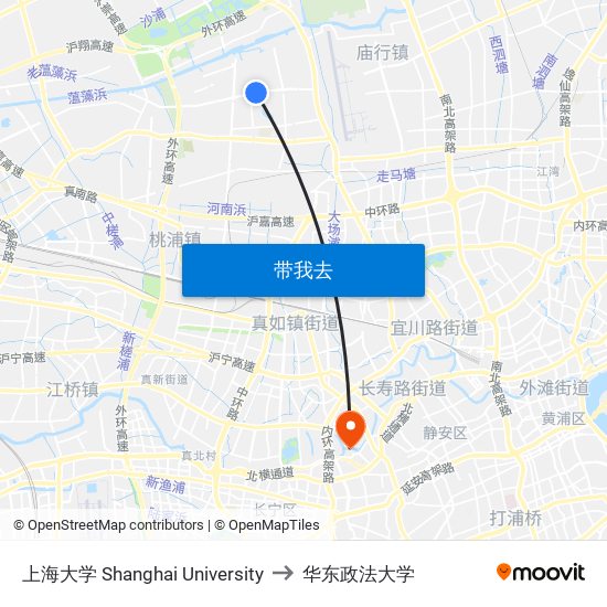 上海大学 Shanghai University to 华东政法大学 map