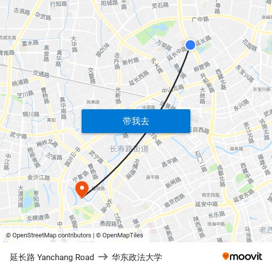 延长路 Yanchang Road to 华东政法大学 map