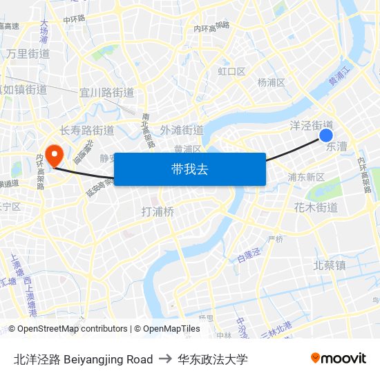 北洋泾路 Beiyangjing Road to 华东政法大学 map