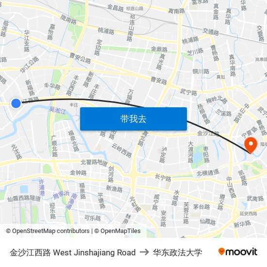 金沙江西路 West Jinshajiang Road to 华东政法大学 map