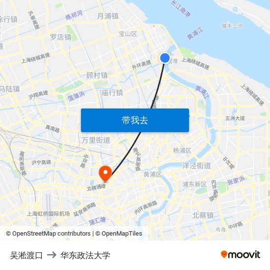 吴淞渡口 to 华东政法大学 map
