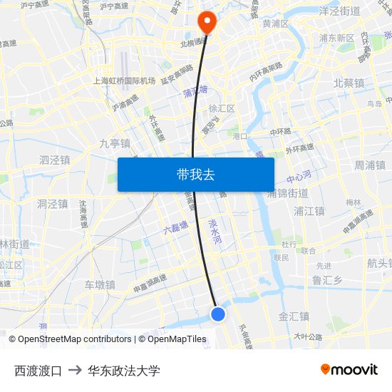 西渡渡口 to 华东政法大学 map