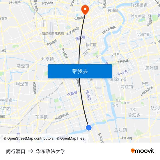 闵行渡口 to 华东政法大学 map
