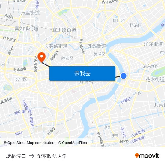 塘桥渡口 to 华东政法大学 map