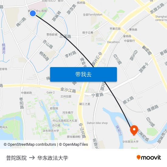 普陀医院 to 华东政法大学 map