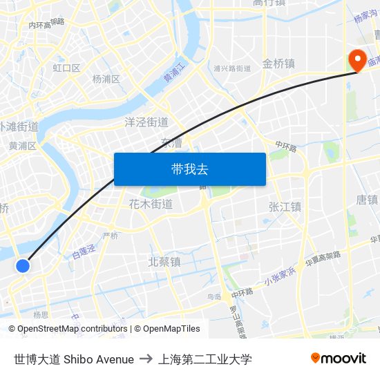 世博大道 Shibo Avenue to 上海第二工业大学 map