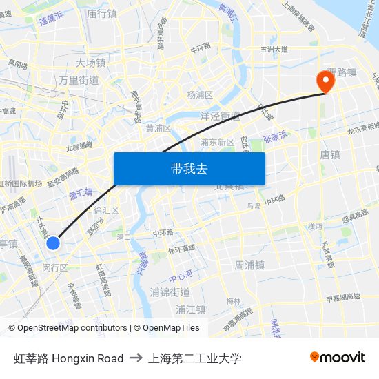 虹莘路 Hongxin Road to 上海第二工业大学 map
