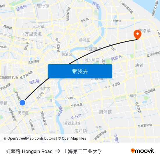 虹莘路 Hongxin Road to 上海第二工业大学 map