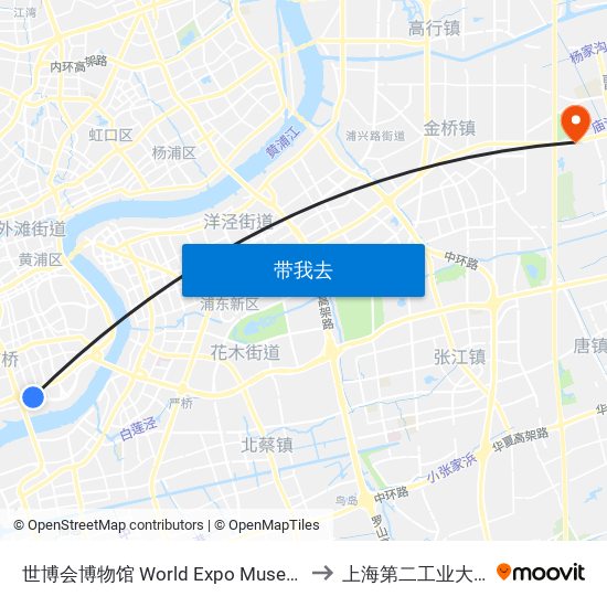 世博会博物馆 World Expo Museum to 上海第二工业大学 map