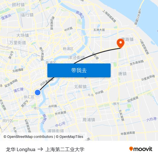 龙华 Longhua to 上海第二工业大学 map