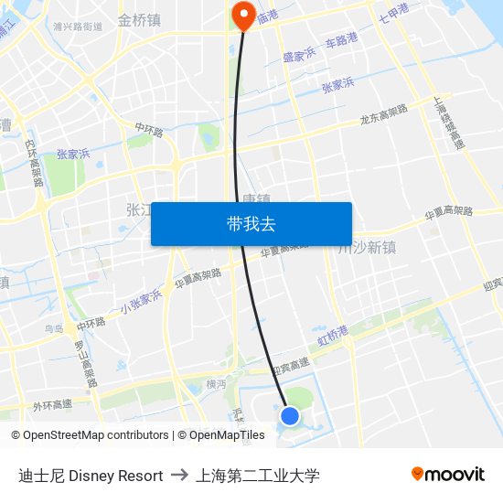 迪士尼 Disney Resort to 上海第二工业大学 map