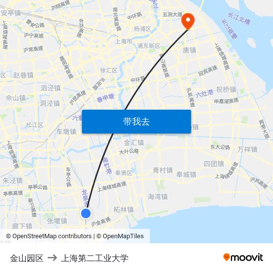 金山园区 to 上海第二工业大学 map