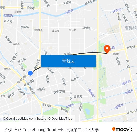 台儿庄路 Taierzhuang Road to 上海第二工业大学 map