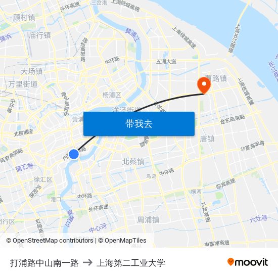 打浦路中山南一路 to 上海第二工业大学 map