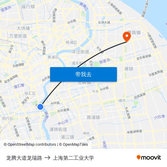 龙腾大道龙瑞路 to 上海第二工业大学 map