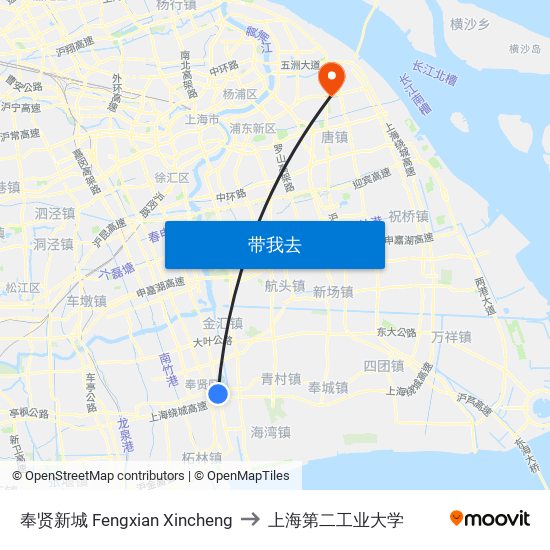 奉贤新城 Fengxian Xincheng to 上海第二工业大学 map