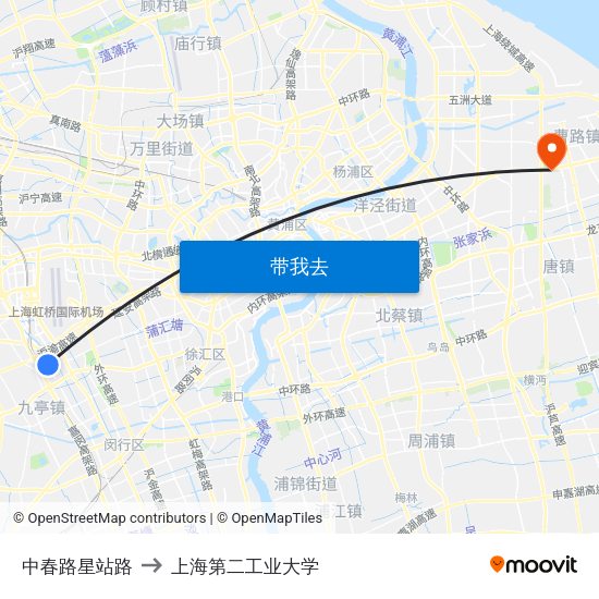 中春路星站路 to 上海第二工业大学 map