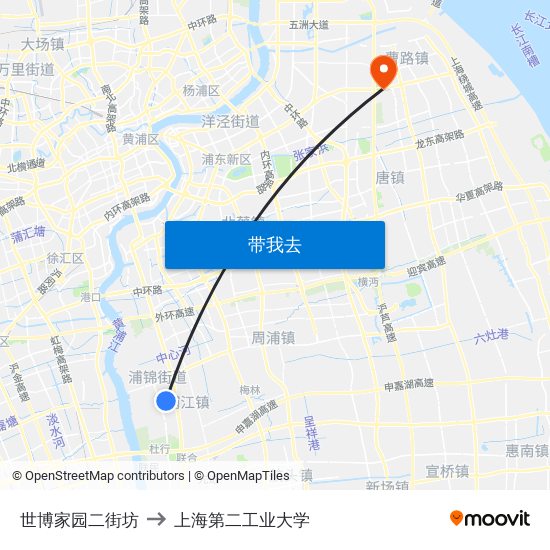 世博家园二街坊 to 上海第二工业大学 map