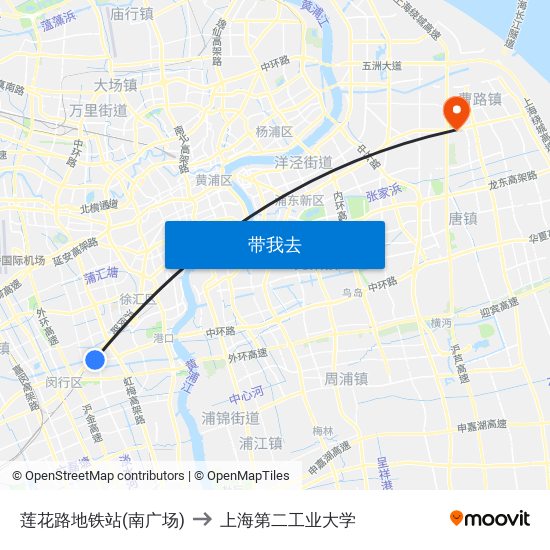 莲花路地铁站(南广场) to 上海第二工业大学 map