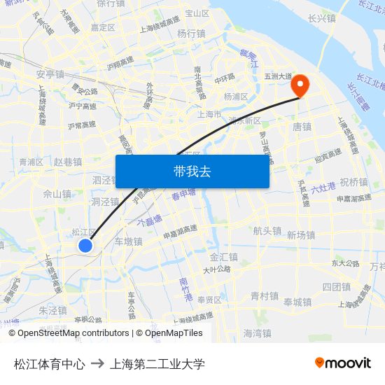 松江体育中心 to 上海第二工业大学 map