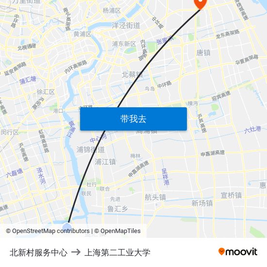 北新村服务中心 to 上海第二工业大学 map