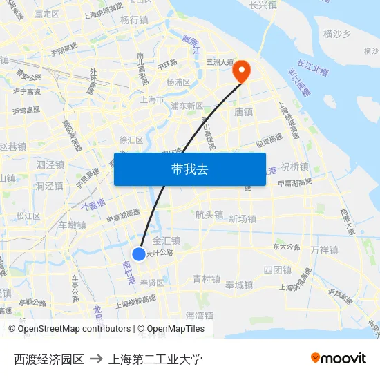 西渡经济园区 to 上海第二工业大学 map