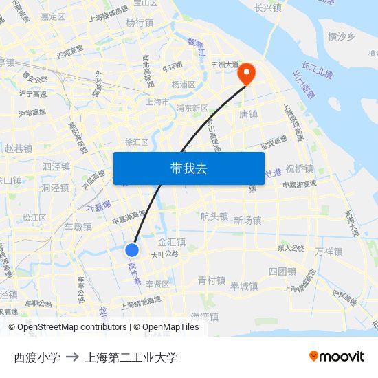 西渡小学 to 上海第二工业大学 map